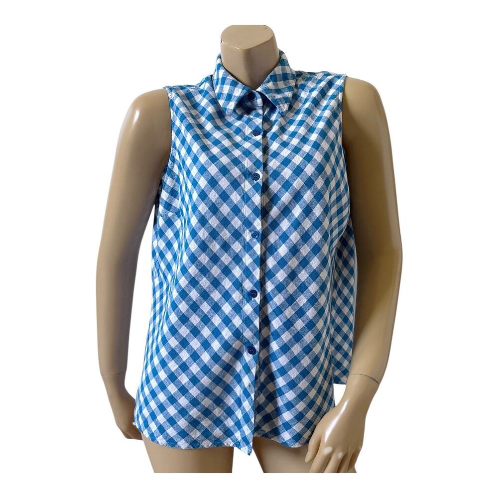 Jaclyn Smith Classic Vintage Top Womens XL Blue White Gingham Linen Blend Button